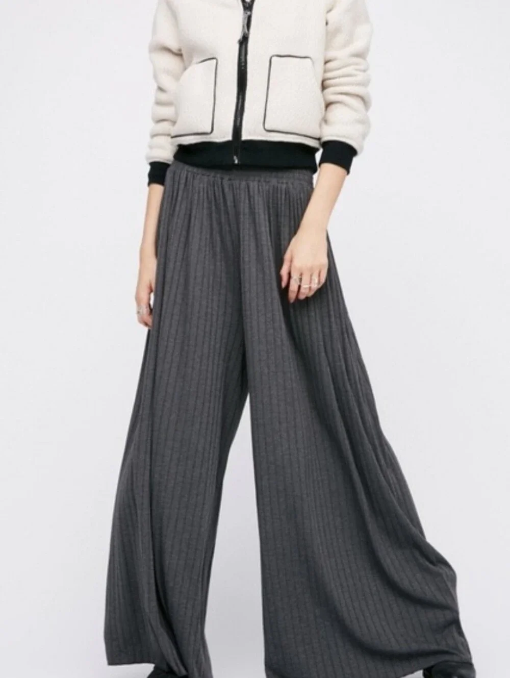 Free People Beach Love Me Wide Leg Palazzo Pants Gray Ribbed Bohemian Size L - Picture 2 of 13